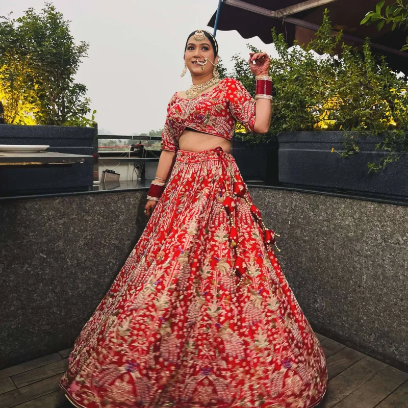Red Bridal Lehenga Set with Resham Zardozi Embroidery Rental in Chandigarh