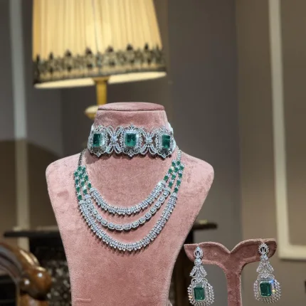 Imperial Emerald & Diamond Bridal Jewelry Set (Choker, Three-Layer Haar & Earrings)
