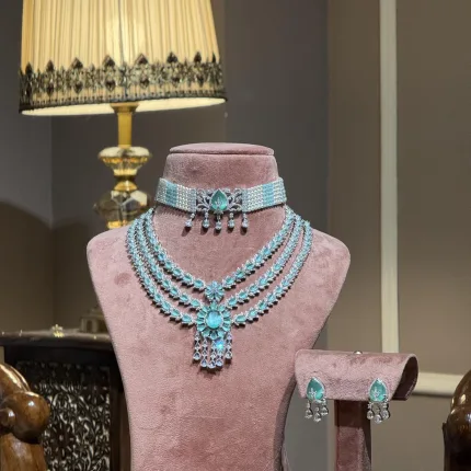Exquisite Light Turquoise Bead & American Diamond Bridal Jewelry Set for Rent in Chandigarh